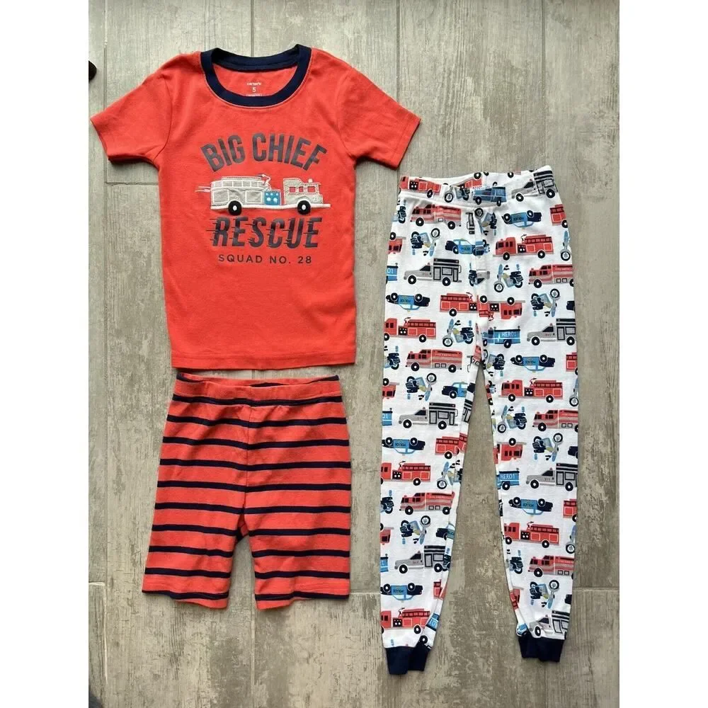 Fire Truck Chief Rescue Squad Police 3 Piece Pajama Set Pjs Toddler Boys 5 Sleep
